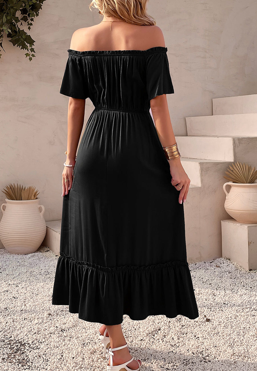 Off-Shoulder Contrast Button Dress