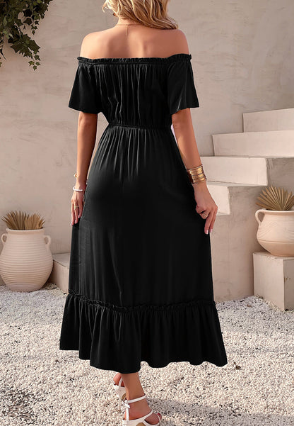 Off-Shoulder Contrast Button Dress