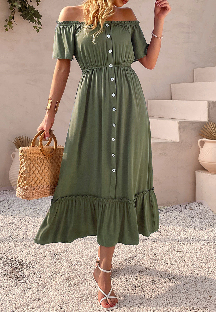 Off-Shoulder Contrast Button Dress