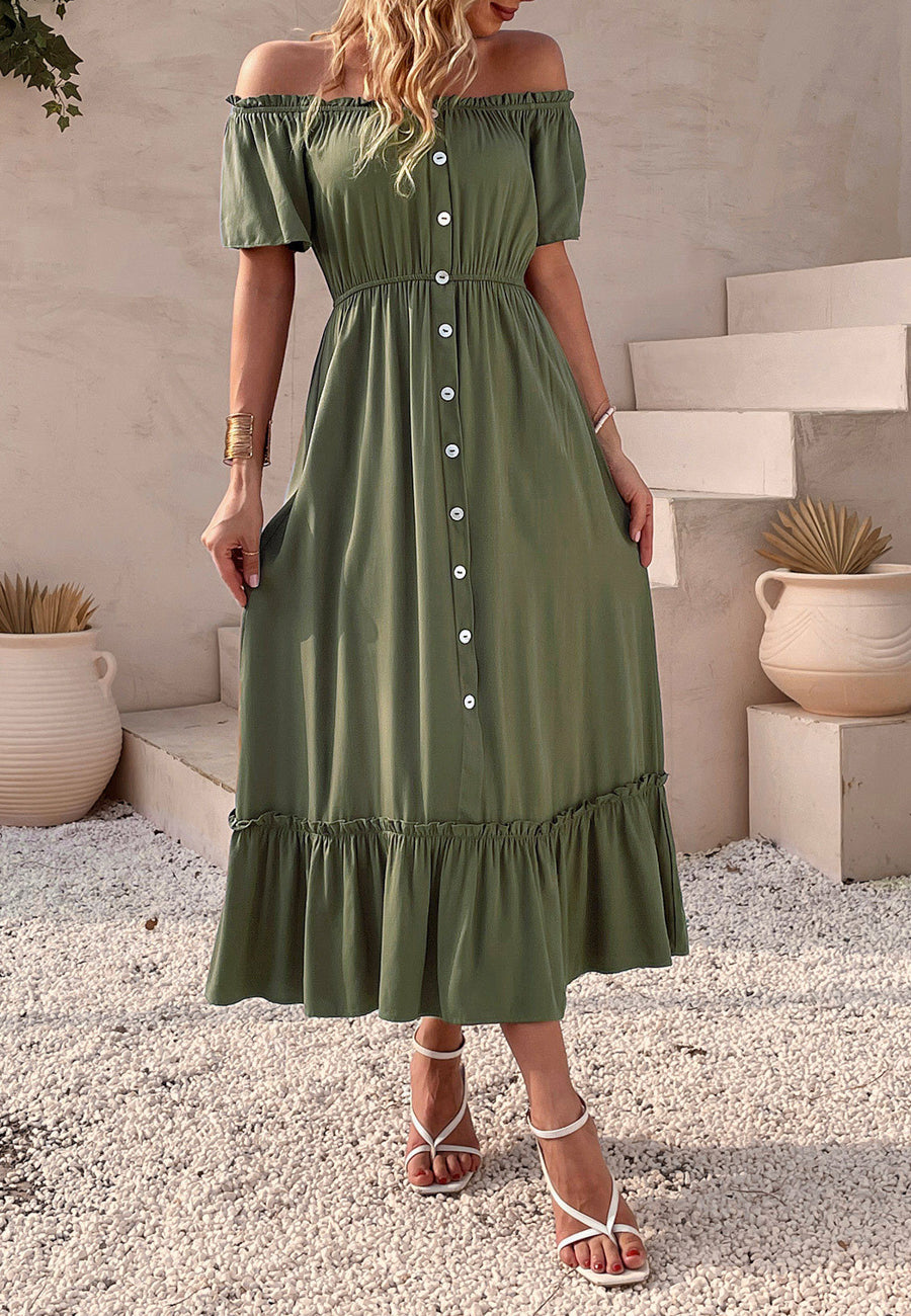 Off-Shoulder Contrast Button Dress