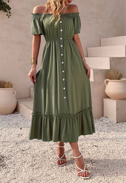 Off-Shoulder Contrast Button Dress