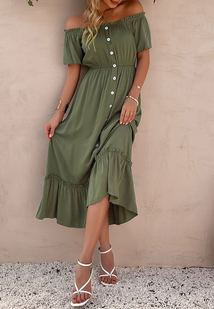 Off-Shoulder Contrast Button Dress