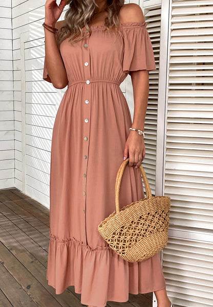 Off-Shoulder Contrast Button Dress