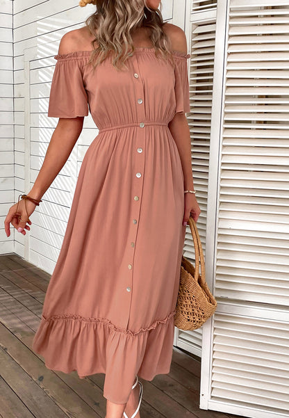 Off-Shoulder Contrast Button Dress
