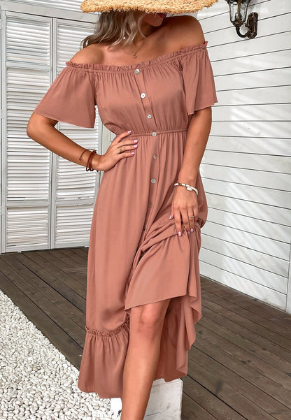 Off-Shoulder Contrast Button Dress