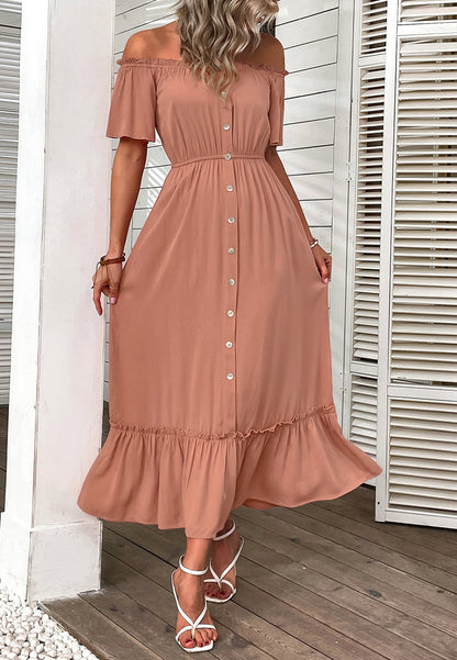 Off-Shoulder Contrast Button Dress