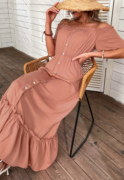 Off-Shoulder Contrast Button Dress
