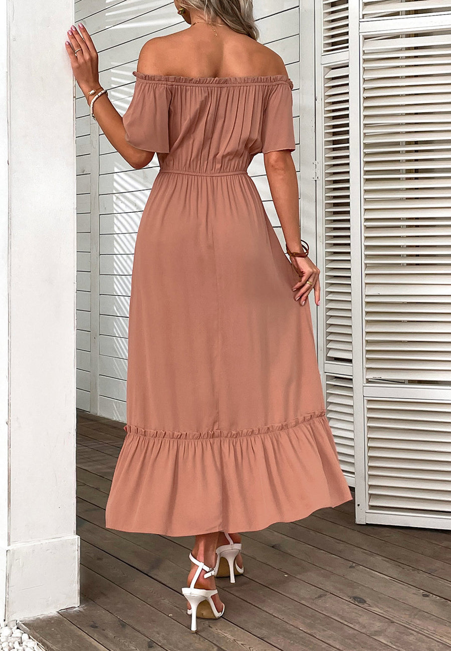 Off-Shoulder Contrast Button Dress