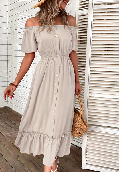 Off-Shoulder Contrast Button Dress