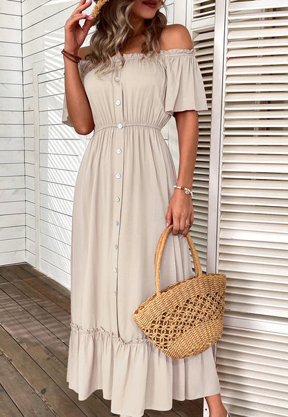 Off-Shoulder Contrast Button Dress