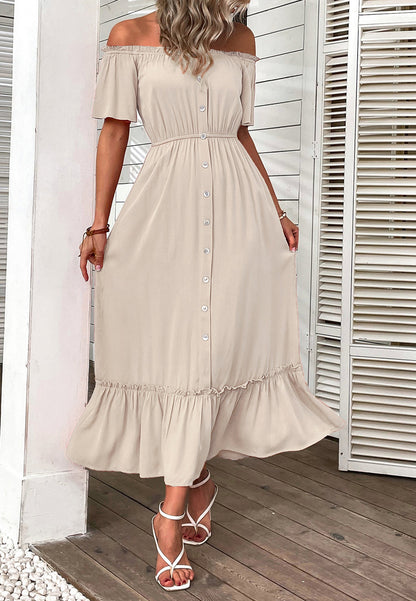Off-Shoulder Contrast Button Dress