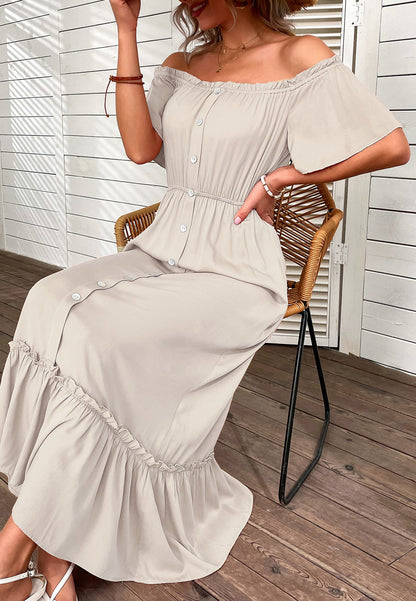 Off-Shoulder Contrast Button Dress
