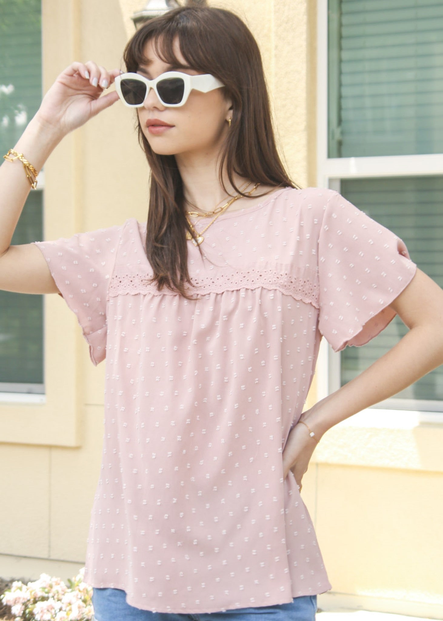Eyelet Detail Swiss Dot Blouse