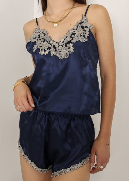 Anna-Kaci Lounge Women's Satin Pajama Set with Embroidered Lace Trim Cami Top and Elastic Waist Shorts