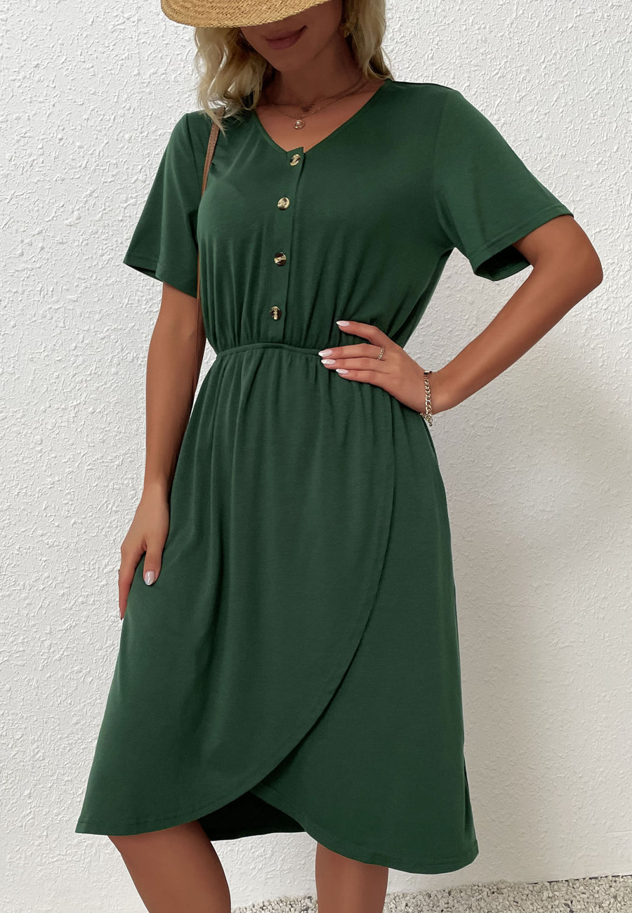 Button Front Overlap Hem Dress