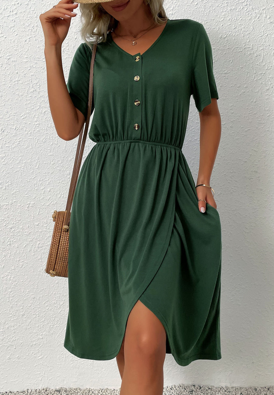 Button Front Overlap Hem Dress