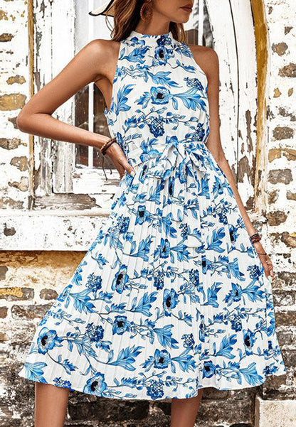 Halter Neck Floral Pleated Dress