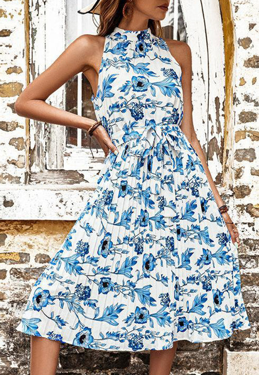 Halter Neck Floral Pleated Dress