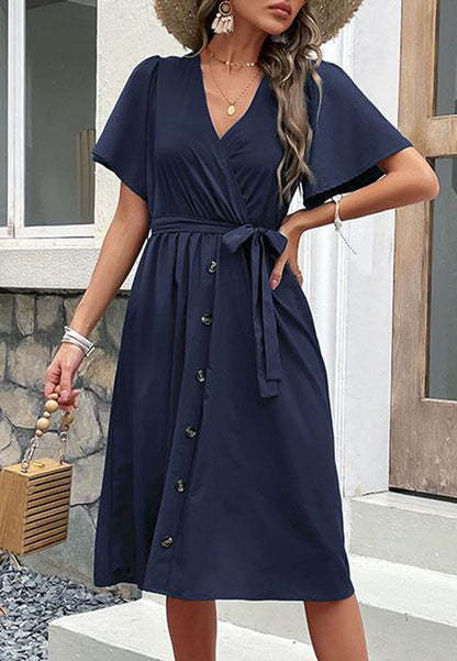 Solid Surplice Neck Button Detail Dress