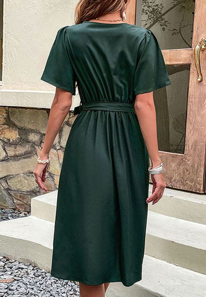 Solid Surplice Neck Button Detail Dress