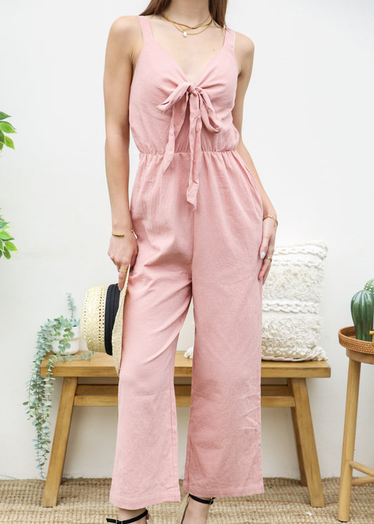 Solid Color Tie Front Jumpsuit