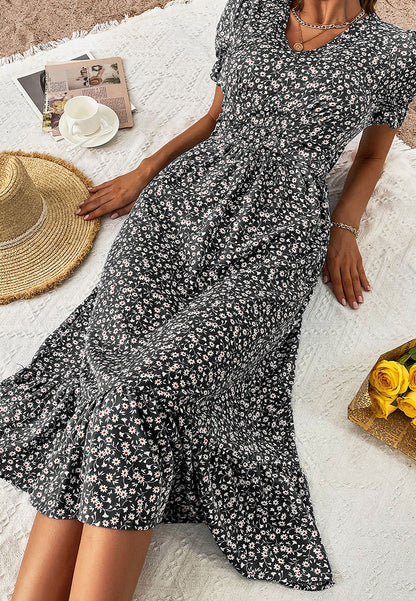 V Neck Ruffle Hem Midi Dress