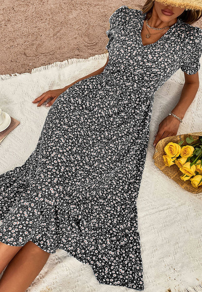 V Neck Ruffle Hem Midi Dress