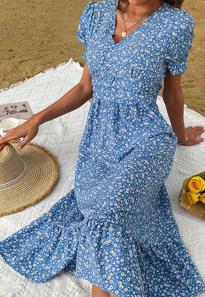 V Neck Ruffle Hem Midi Dress