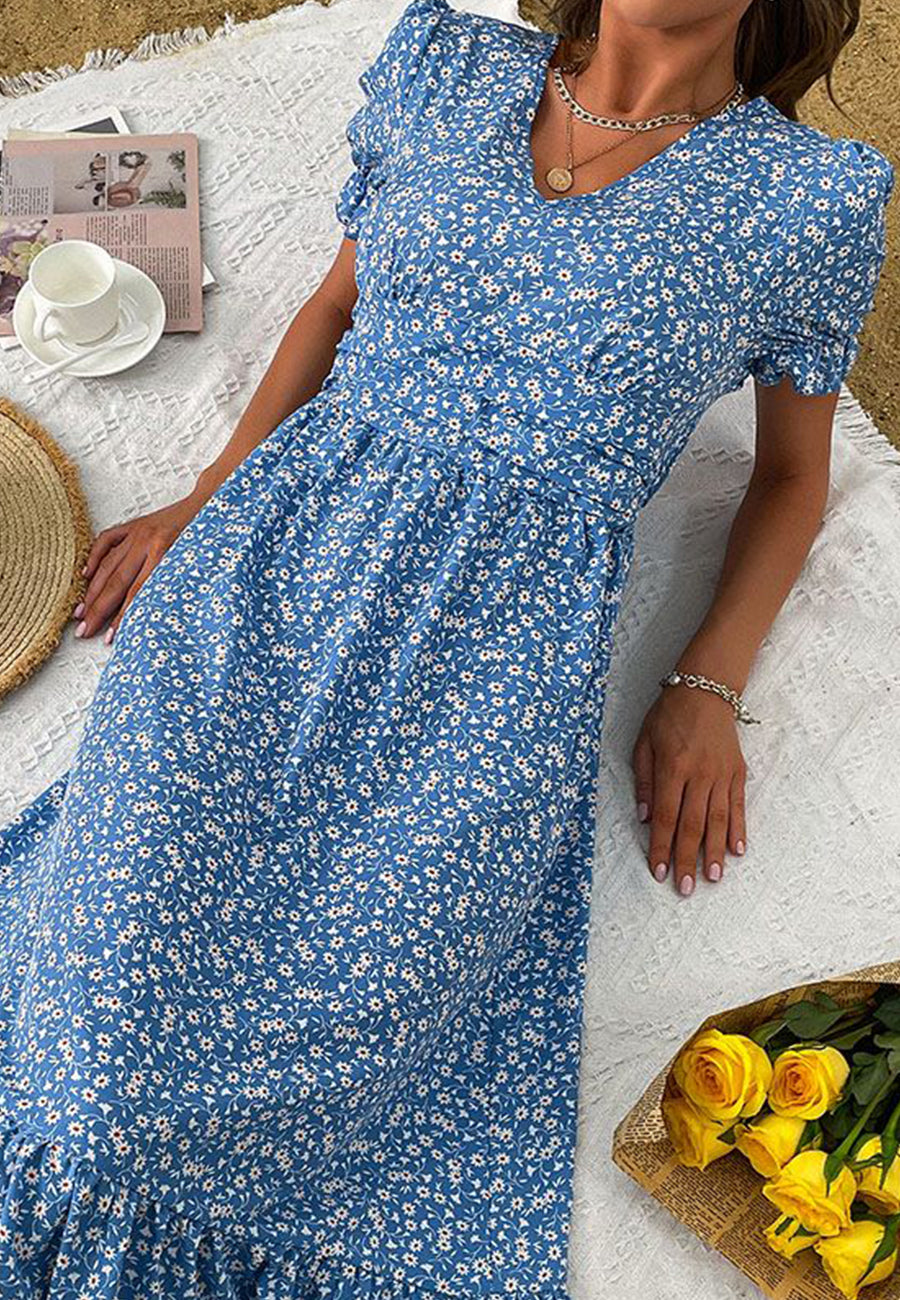 V Neck Ruffle Hem Midi Dress