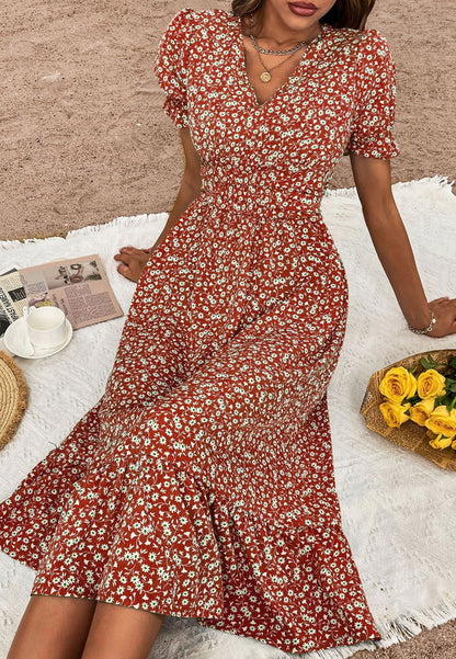 V Neck Ruffle Hem Midi Dress