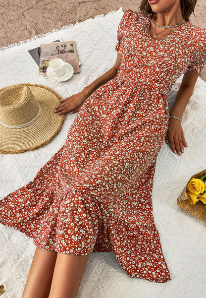V Neck Ruffle Hem Midi Dress