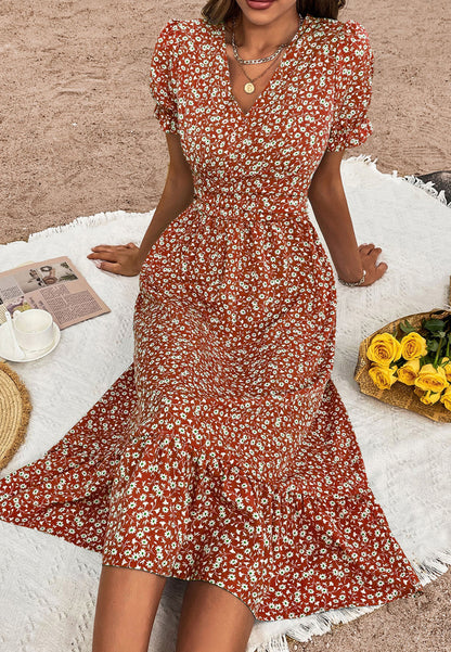 V Neck Ruffle Hem Midi Dress
