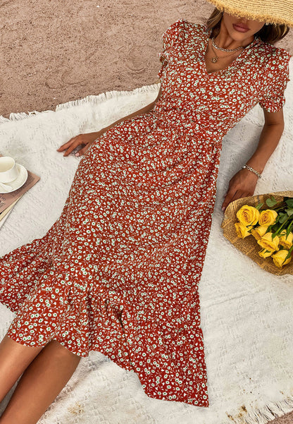 V Neck Ruffle Hem Midi Dress