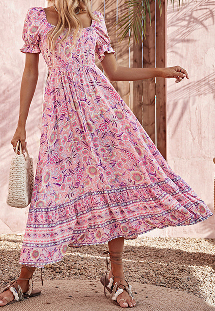 Square Neck Floral Print Midi Dress
