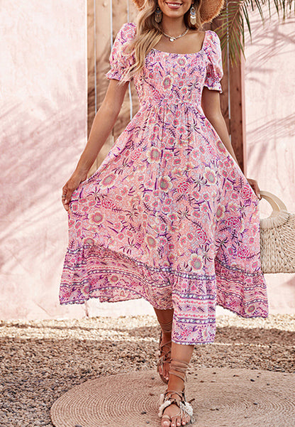 Vestido midi con escote cuadrado y estampado floral