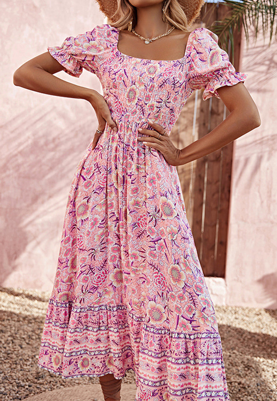 Square Neck Floral Print Midi Dress