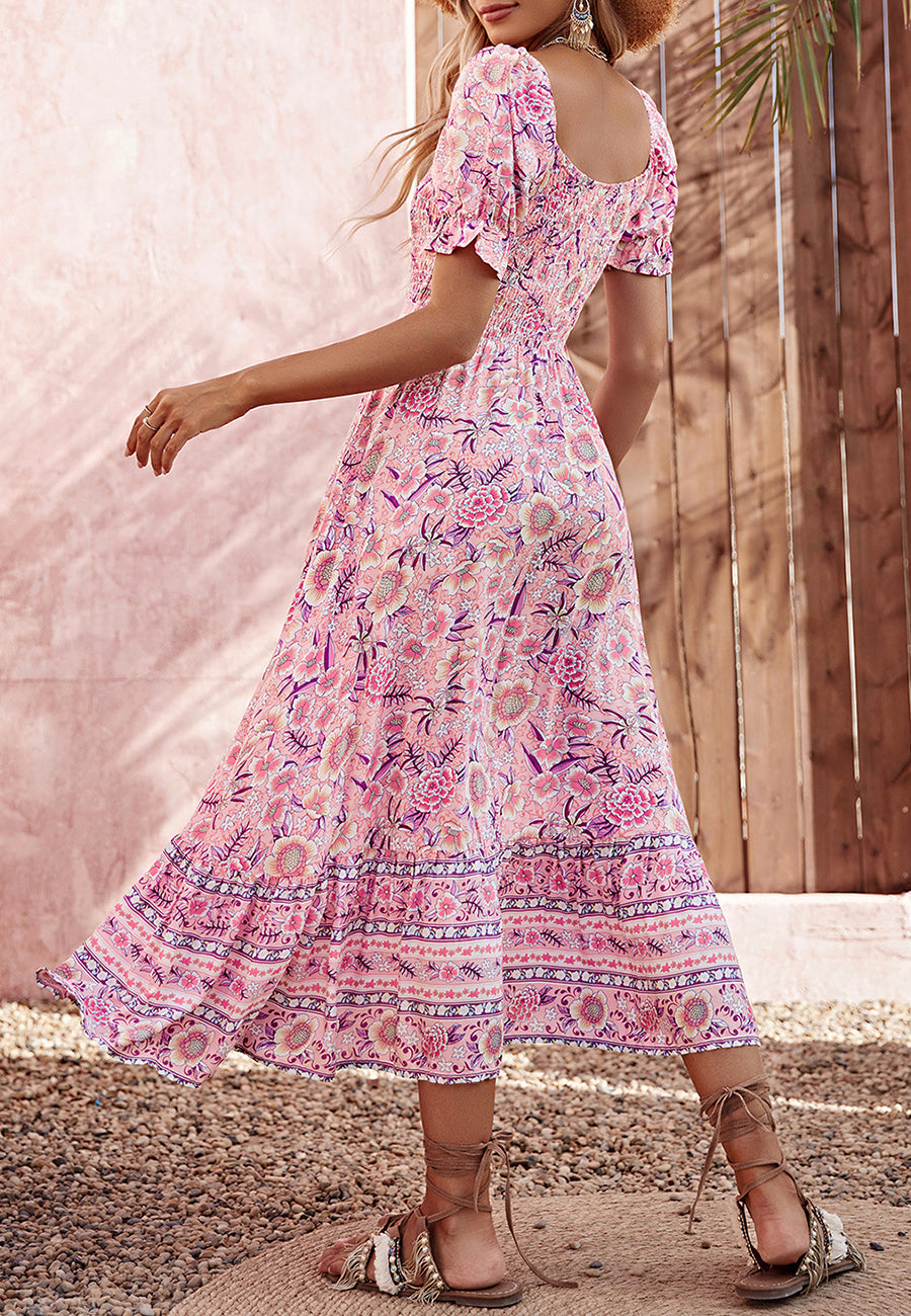 Square Neck Floral Print Midi Dress