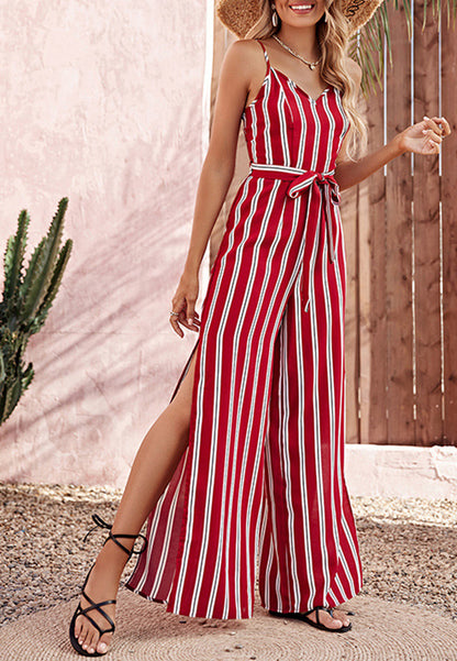 Striped Print Side Slit Jumpsuit