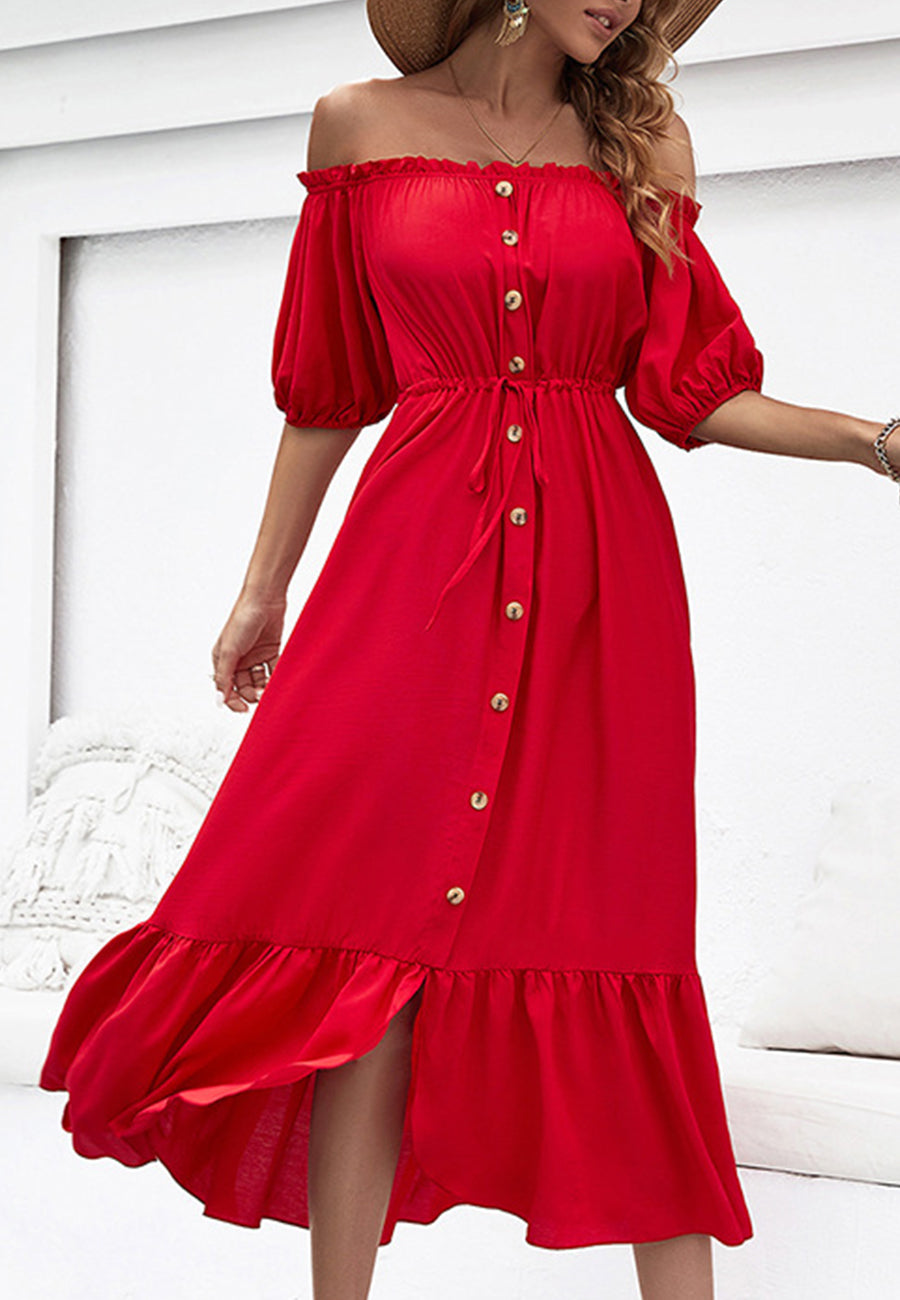 Off-Shoulder Puff Sleeve Midi Dress