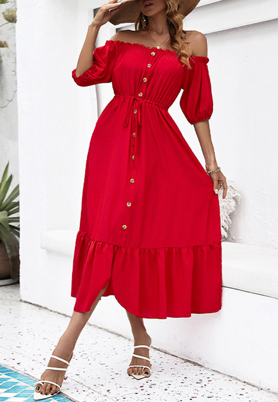 Off-Shoulder Puff Sleeve Midi Dress