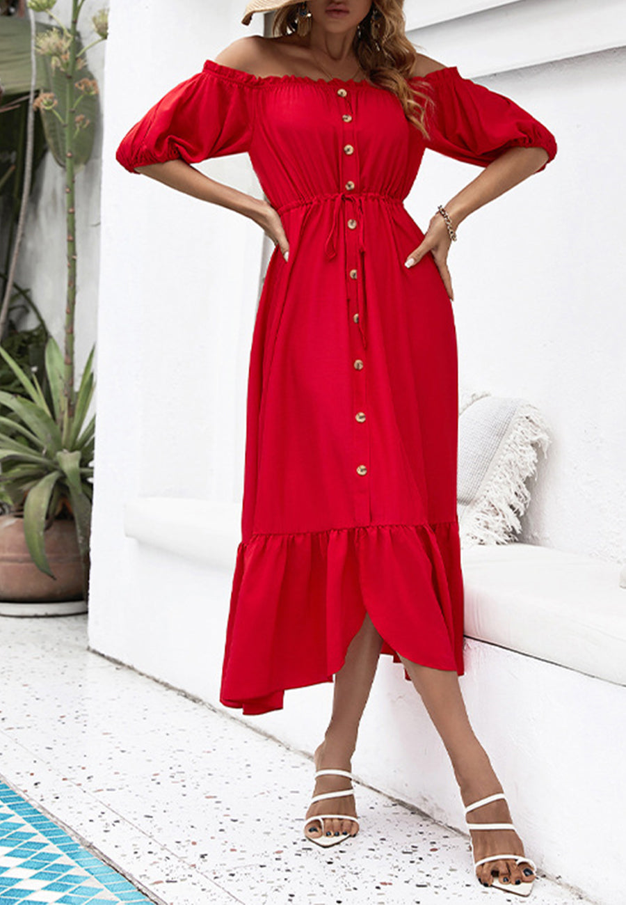 Off-Shoulder Puff Sleeve Midi Dress