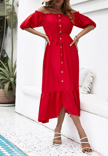 Off-Shoulder Puff Sleeve Midi Dress