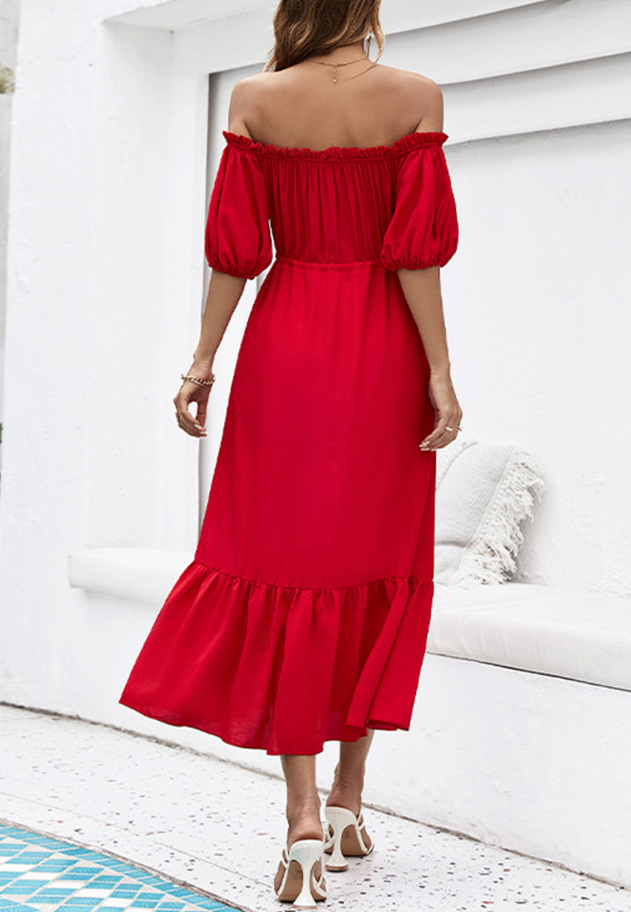Off-Shoulder Puff Sleeve Midi Dress