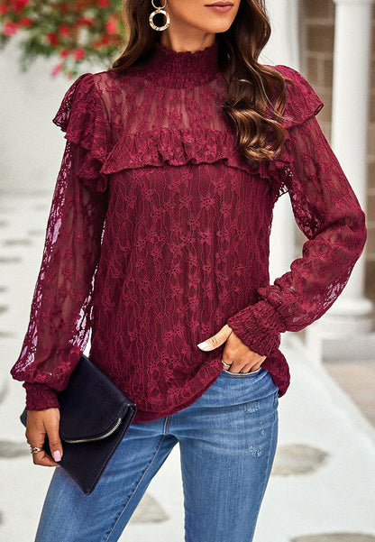 Shirred Neck Ruffle Lace Blouse