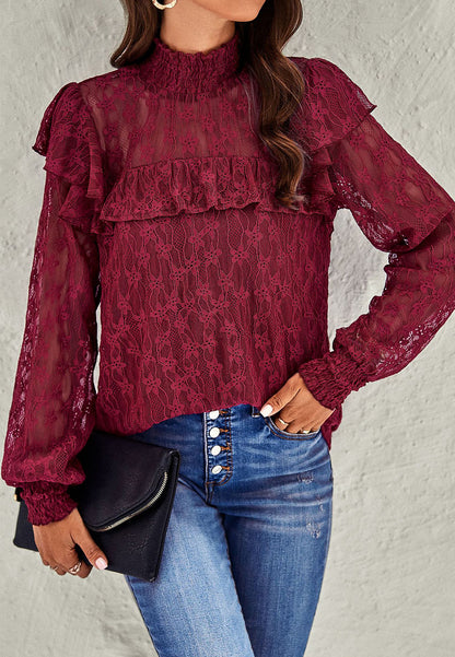 Shirred Neck Ruffle Lace Blouse