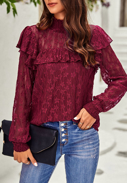 Shirred Neck Ruffle Lace Blouse