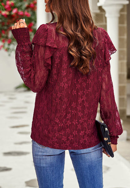 Shirred Neck Ruffle Lace Blouse