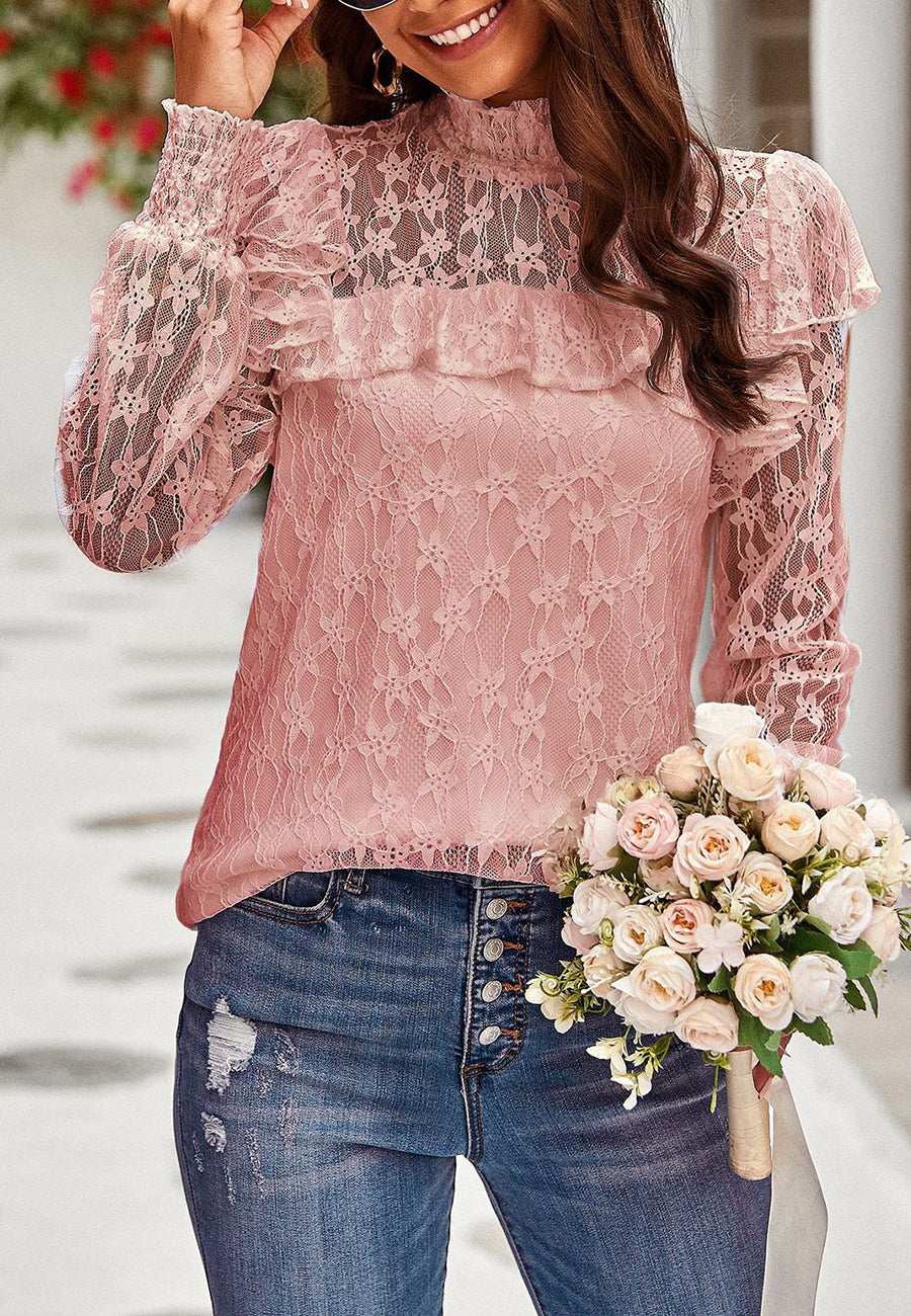 Blusa de encaje con volantes y cuello fruncido