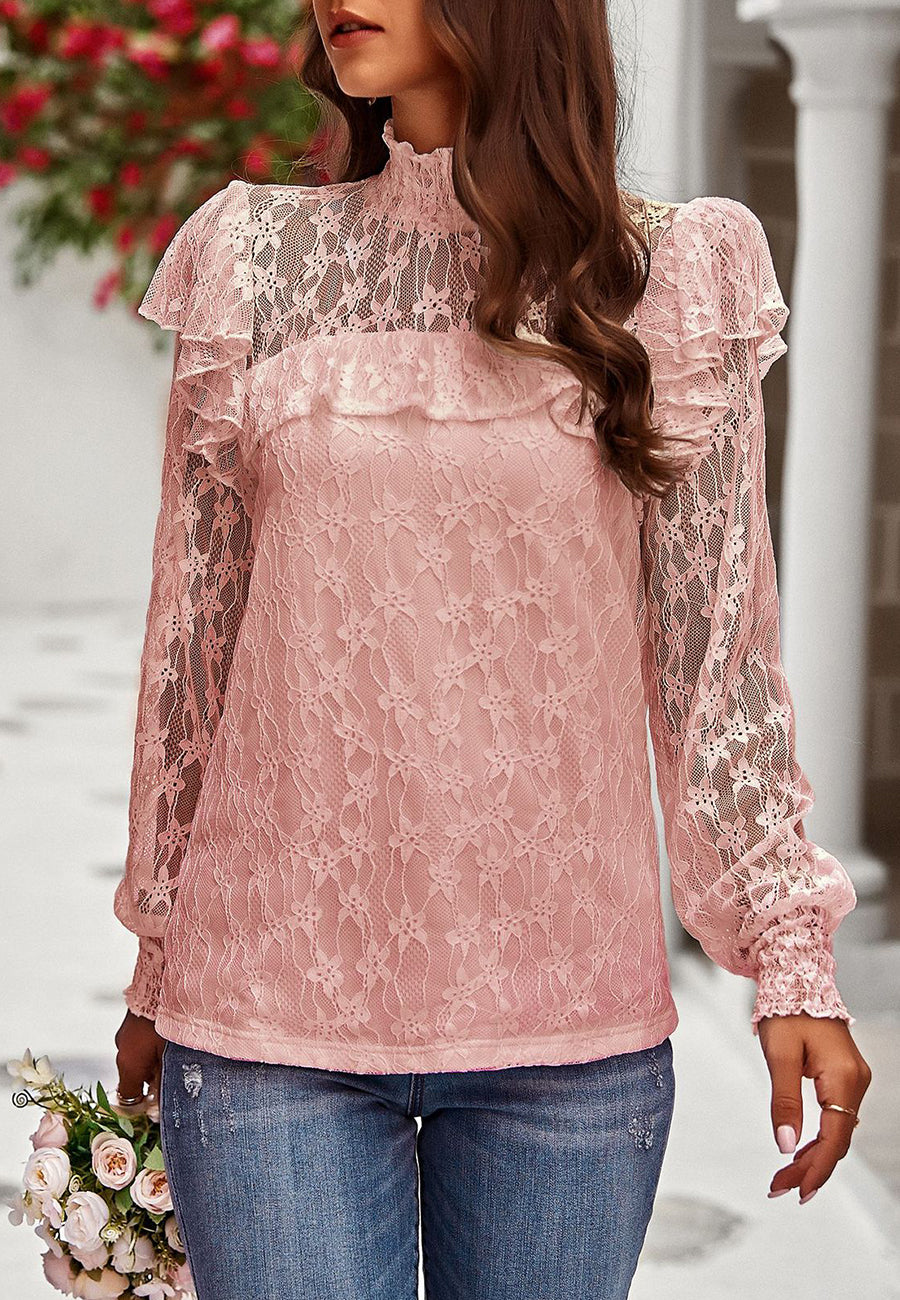 Blusa de encaje con volantes y cuello fruncido