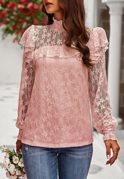 Shirred Neck Ruffle Lace Blouse